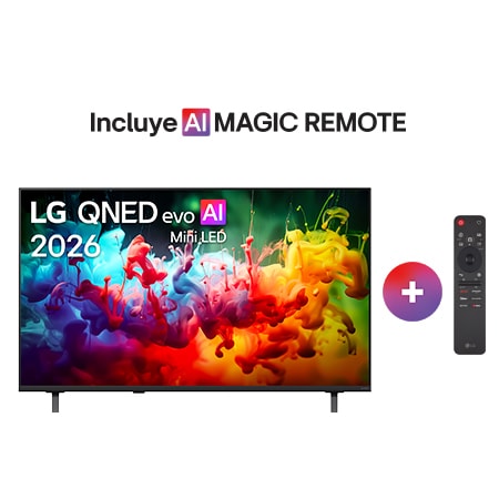 A vista frontal da LG QNED AI QNED70 Mini LED, lançada em 2026, preenche a tela com respingos vívidos e fluidos de movimento multicolorido, à medida que as cores finamente sobrepostas se dispersam suavemente pela tela.